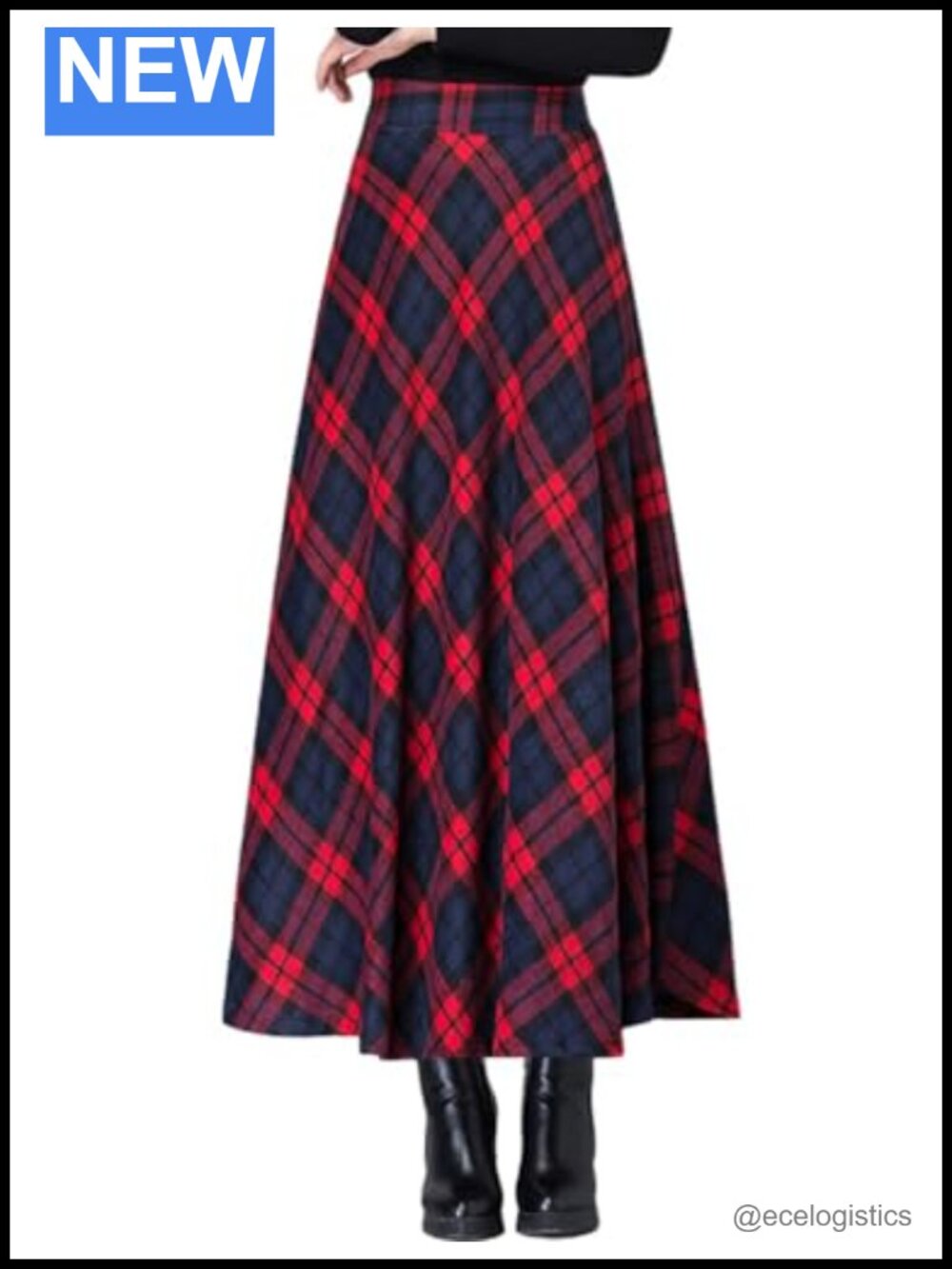 Plaid Wool Skirts for Women Warm High Waist Pleated A-Line Long Skirt